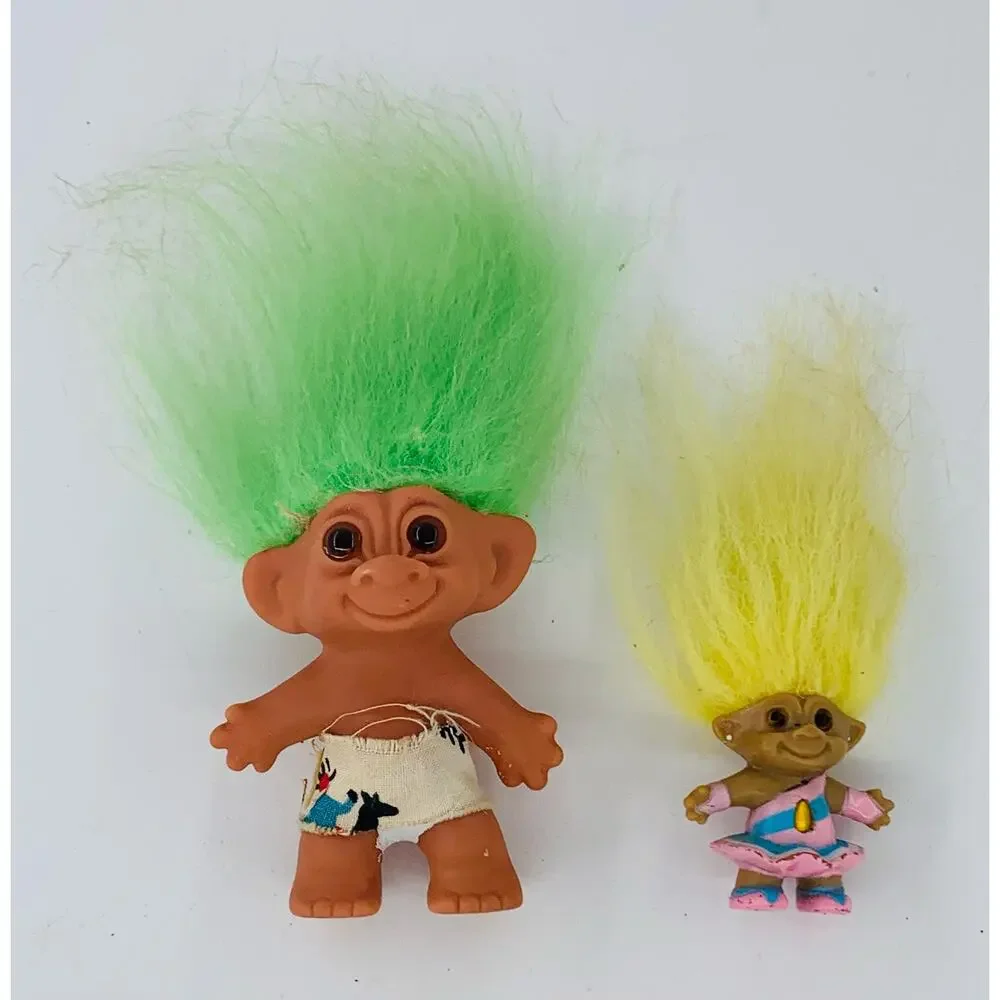 Vintage 1980s Troll Dolls Small Green Hair Mini Yellow Hair Ballarina Altered